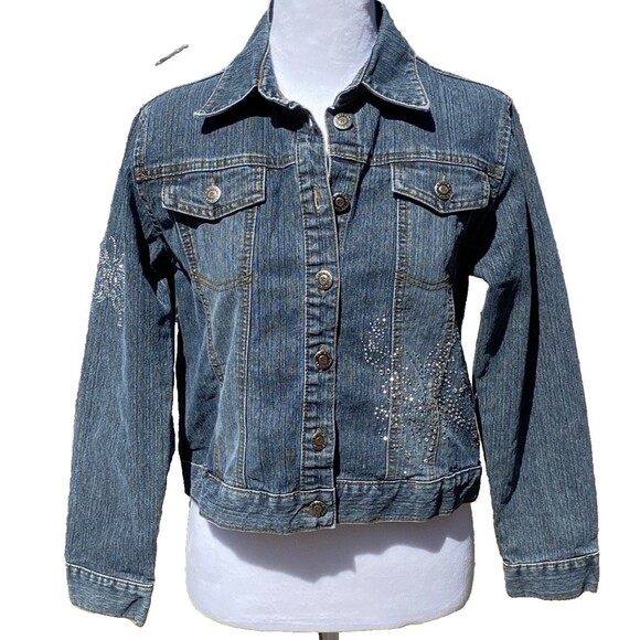 Y2K Vintage Arizona Women Sz Large Denim Jean Jeweled Jacket Snaps Preppy - Picture 1 of 16